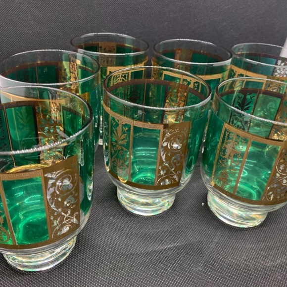 8 mid century low ball green and gold glasses with wooden glass caddy - Picture 3 of 13